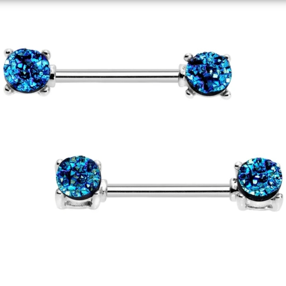 Blue Druzy Nipple Barbell Set